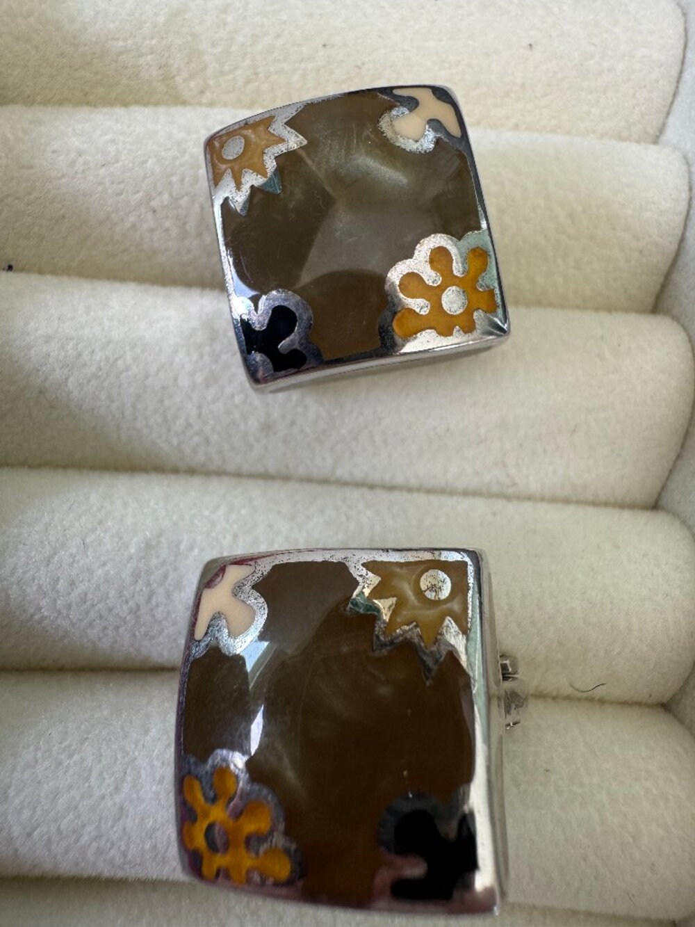 Alan K Design 925 Sterling Silver Brown Floral Enamel Square Clip-On Earrings